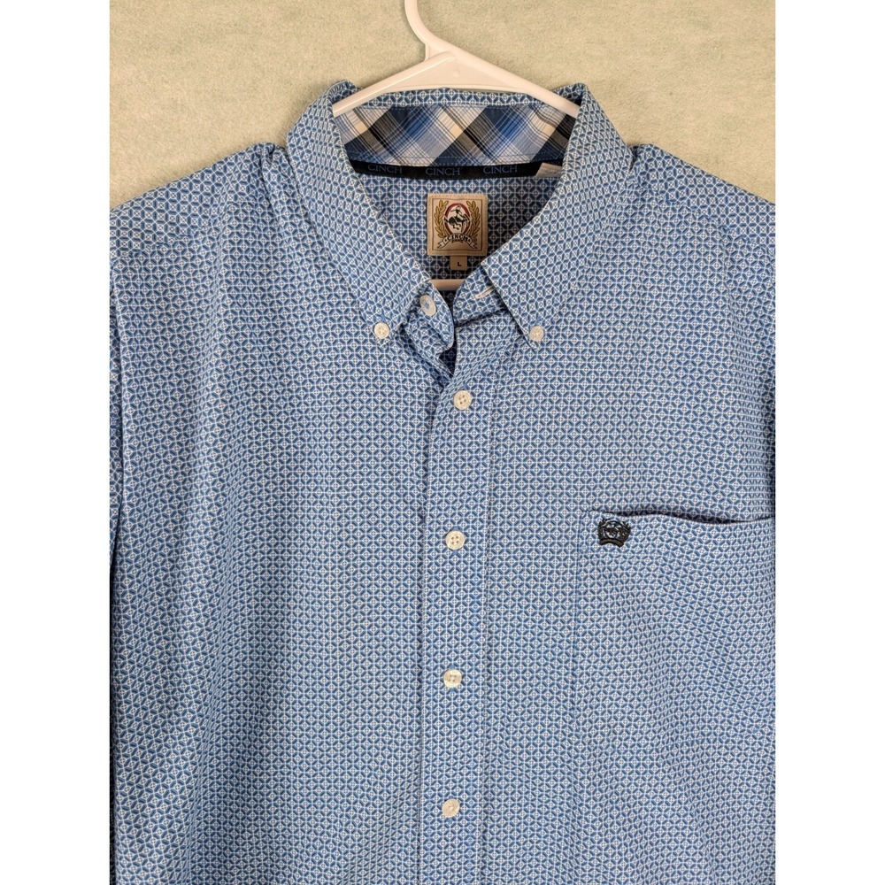 Cinch Men's Large Blue Geometric Print Western Button Up Shirt L 100% Cotton